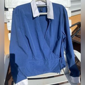 Ann Taylor Blue white collar tie-waist wrap top 12